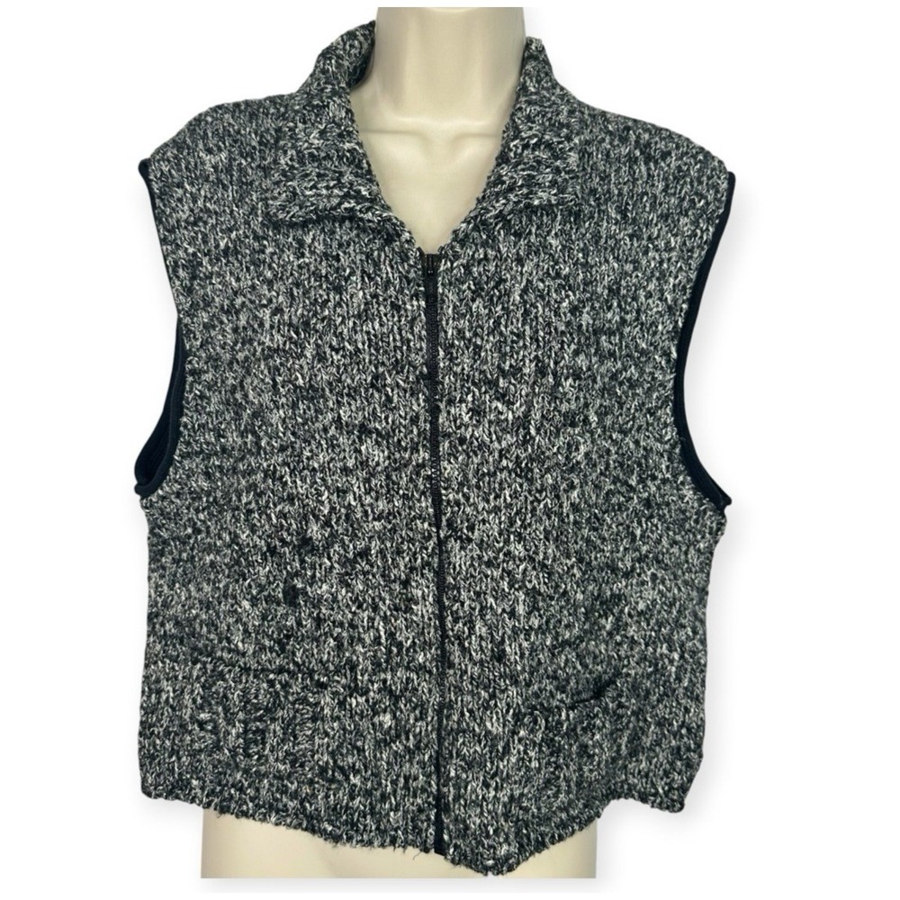 Vintage 90s Delia McKean Womens L Black White Marled Knit Zip Sweater Vest USA